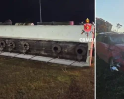 Kia Soul capotou na BR-020, próximo ao Posto São Roque, no sentido Formosa. Carreta tomba no colorado.