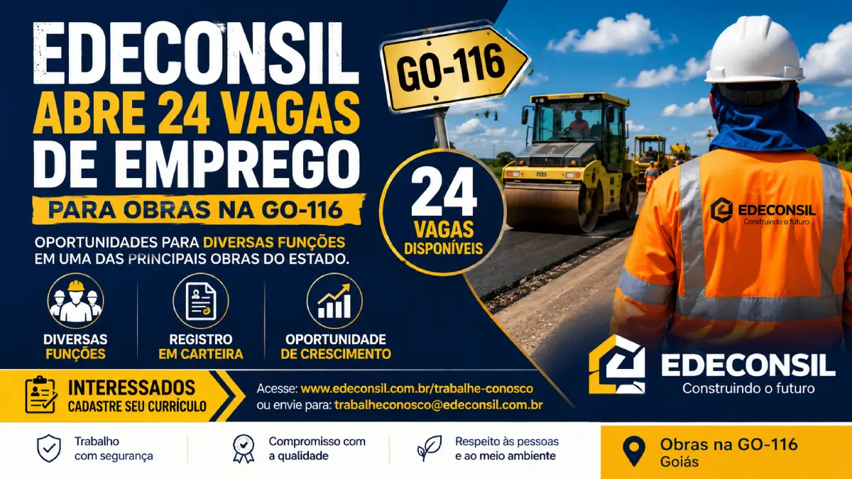 Edeconsil abre 24 vagas de emprego para obras na GO-116, em Goiás, com oportunidades para diversas funções na construção rodoviária.