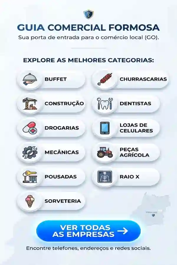 Um anúncio vertical ou tela de aplicativo para o "Guia Comercial Formosa". No topo, há o título e o slogan em português. Abaixo, uma grade de botões de categoria com ícones e texto (Buffet, Churrascarias, Construção, etc.). Na parte inferior, há um grande botão azul brilhante com uma seta para a direita e o texto "VER TODAS AS EMPRESAS", seguido por uma pequena legenda e um pequeno mapa da região de Formosa.