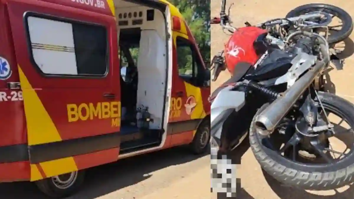 Acidente carro moto Parque da Colina, na imagem viatura dos bombeiros e a moto caída após acidente.