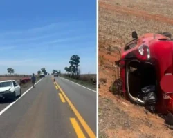 Acidente na GO-346 em Cabeceiras com Fiat Mobi vermelho tombado após colisão traseira.