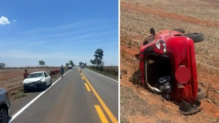 Acidente na GO-346 em Cabeceiras com Fiat Mobi vermelho tombado após colisão traseira.