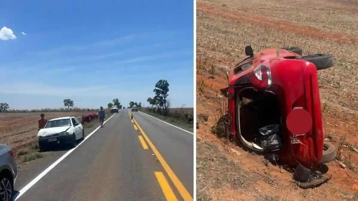 Acidente na GO-346 em Cabeceiras com Fiat Mobi vermelho tombado após colisão traseira.