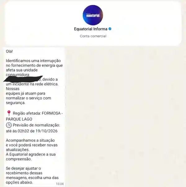 Comunicado da Equatorial sobre a falta de energia no bairro Parque Lago em Formosa.
