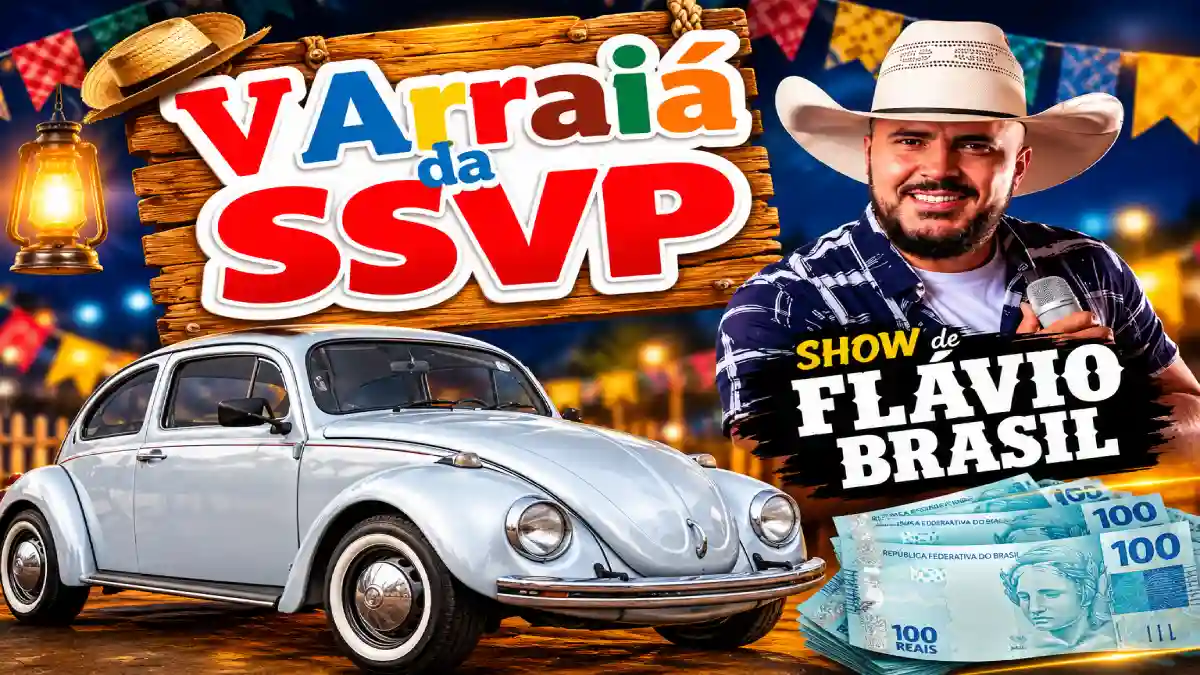 Arraiá da SSVP em Formosa com Fusca, show de Flávio Brasil e notas de cem reais representando o prêmio de um salário mínimo.