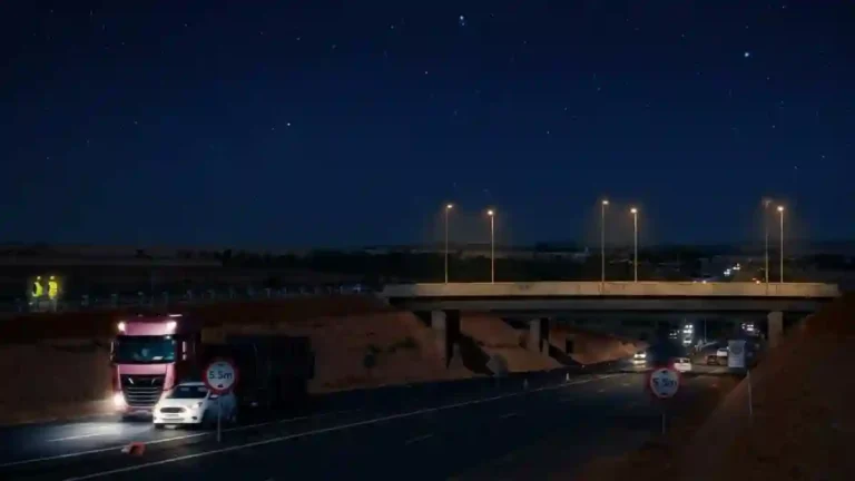 Imagem simulando a BR-020 à noite, no perímetro urbano de Formosa, com o viaduto iluminado e veículos com faróis acesos na pista.