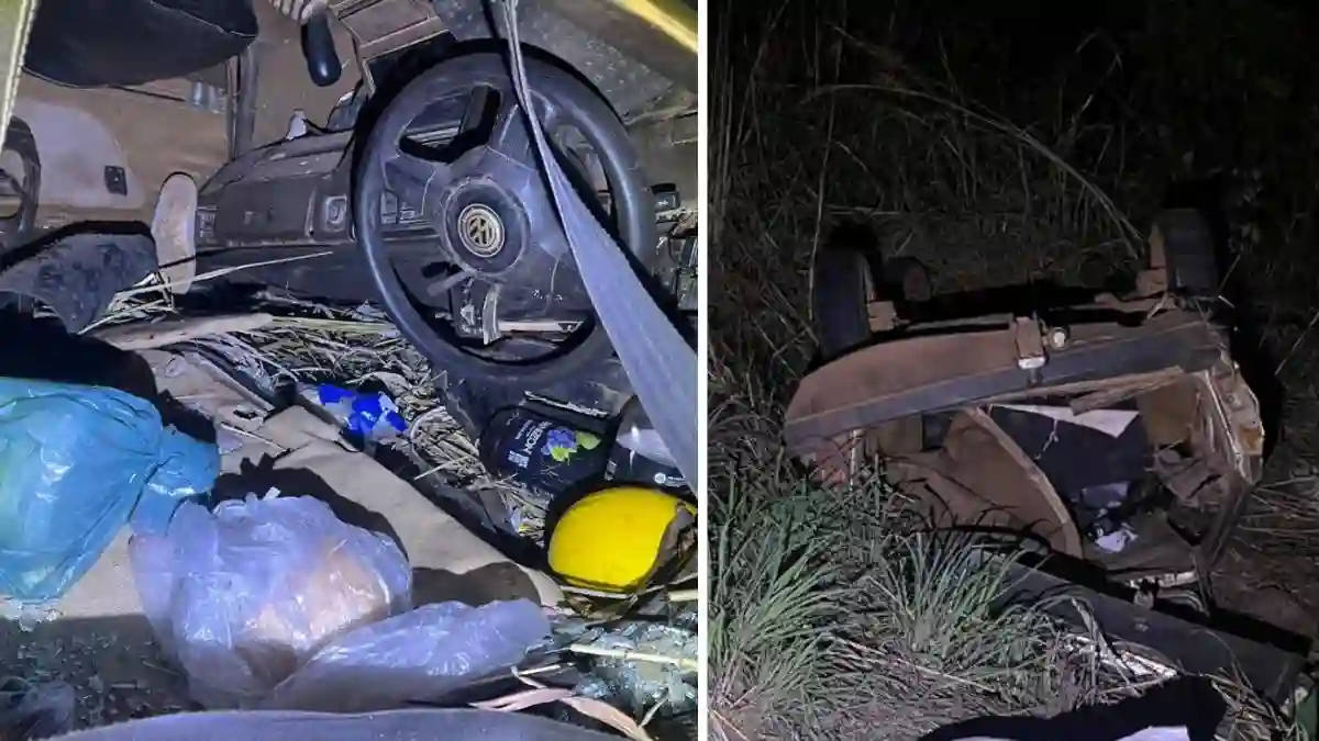 Carro de rodas pra cima após capotamento em Flores de Goiás, bancos e volante com coisas misturadas.