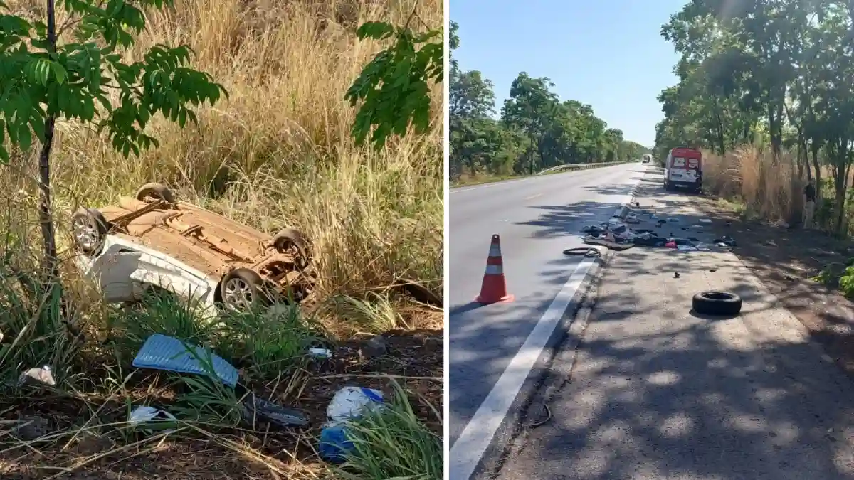 Atendimento a acidente fatal na BR-020, em Formosa, onde um Ford Fiesta saiu da pista e tombou na vegetação.
