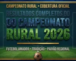 Banner oficial do Campeonato Rural 2026 com o título Resultados Completos do Campeonato Rural 2026 sobre fundo em campo de futebol.